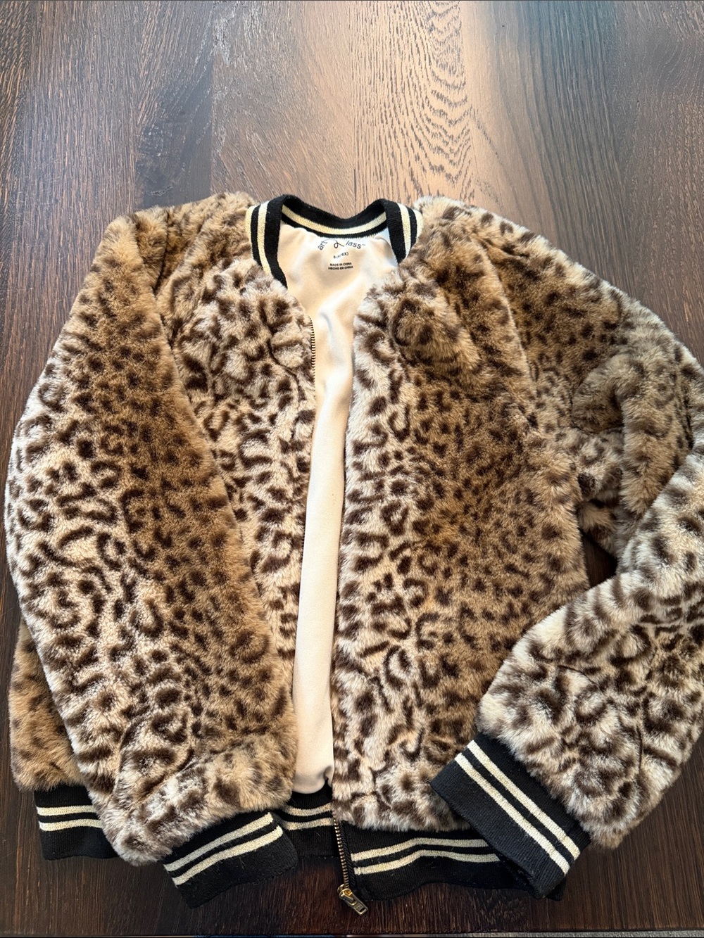 art class Girls Leopard Faux Fur Bomber Jacket - Brown, Black & Cream
